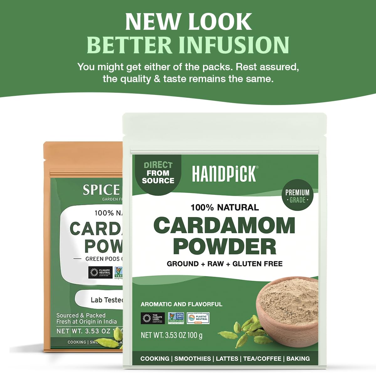 HANDPICK Cardamom powder jar closeup highlighting aroma and texture.