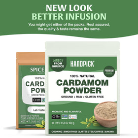 HANDPICK Cardamom powder jar closeup highlighting aroma and texture.