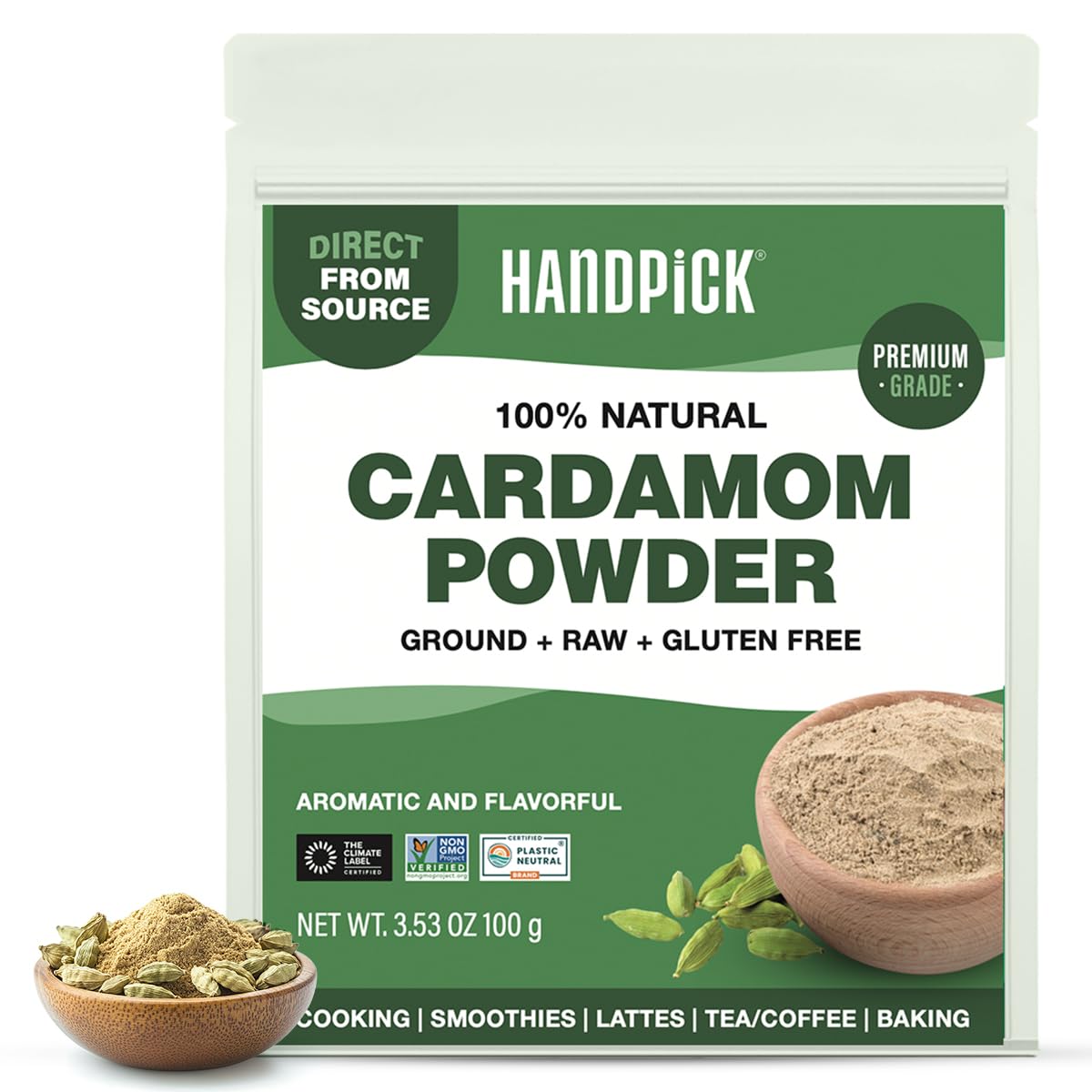 HANDPICK Cardamom powder pack shot showing resealable pouch for freshness.