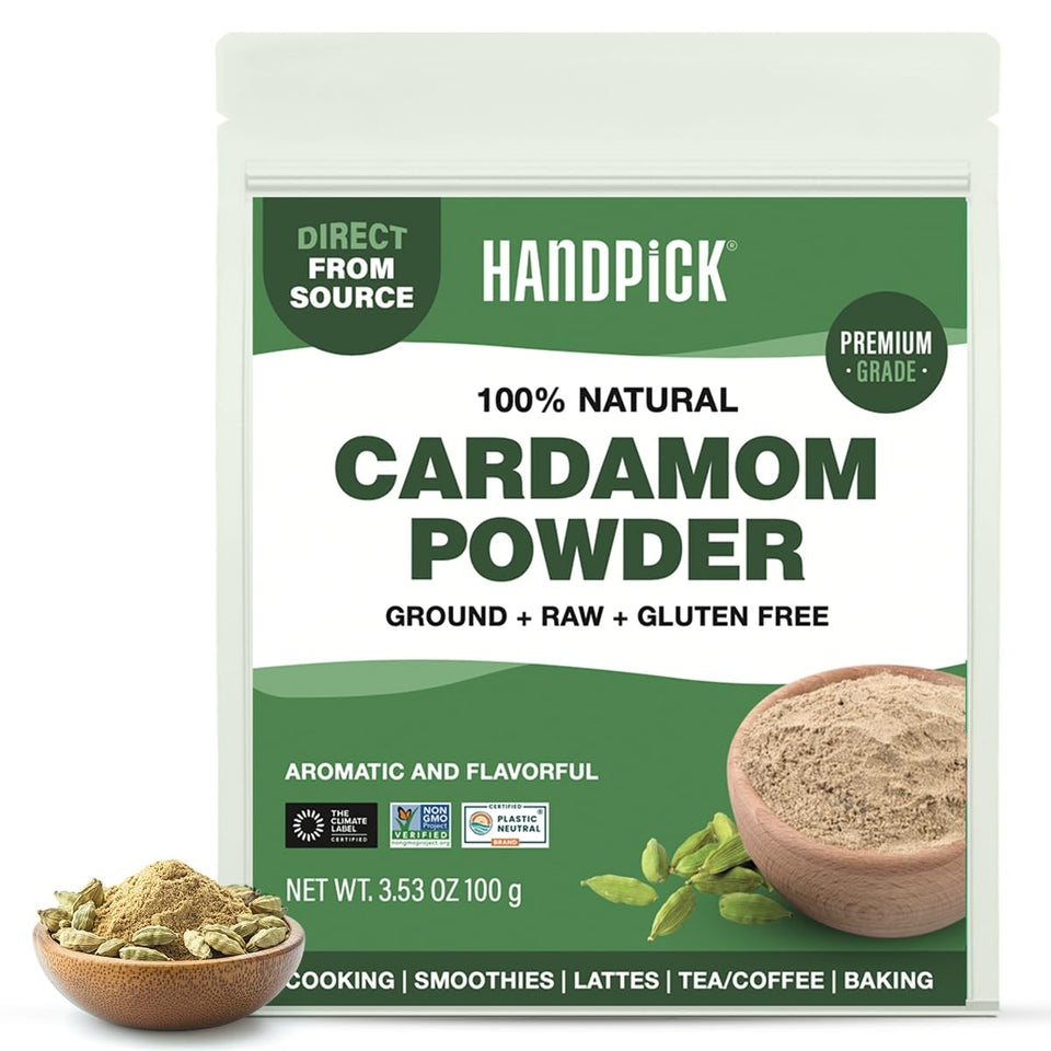 HANDPICK Cardamom powder pack shot showing resealable pouch for freshness.