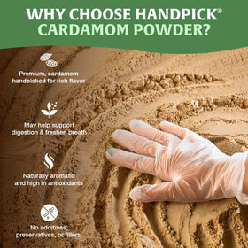 HANDPICK Cardamom powder tea-spoon dusting for enhancing beverages.
