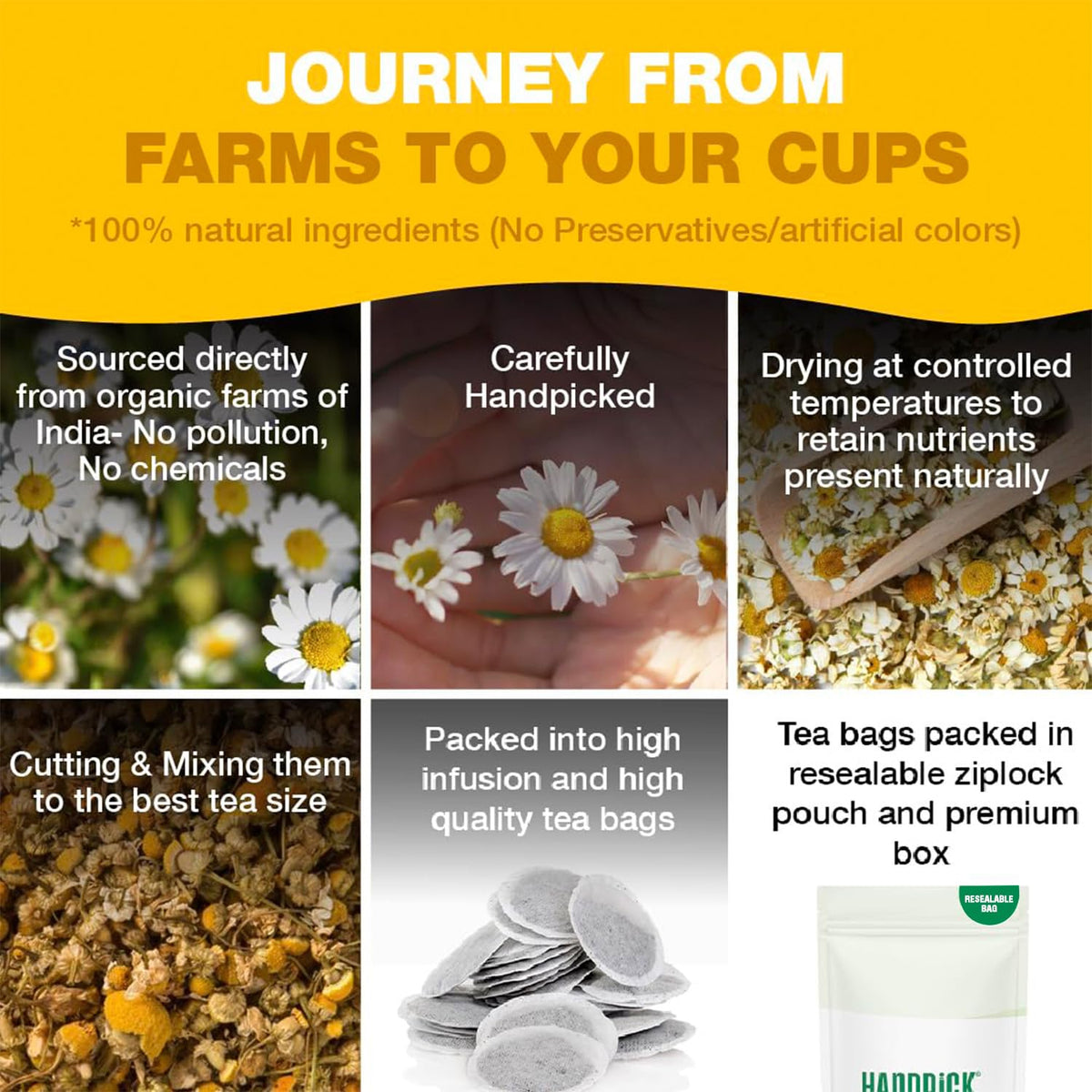 HANDPICK chamomile-tea-bags aroma steam rising from a hot cup