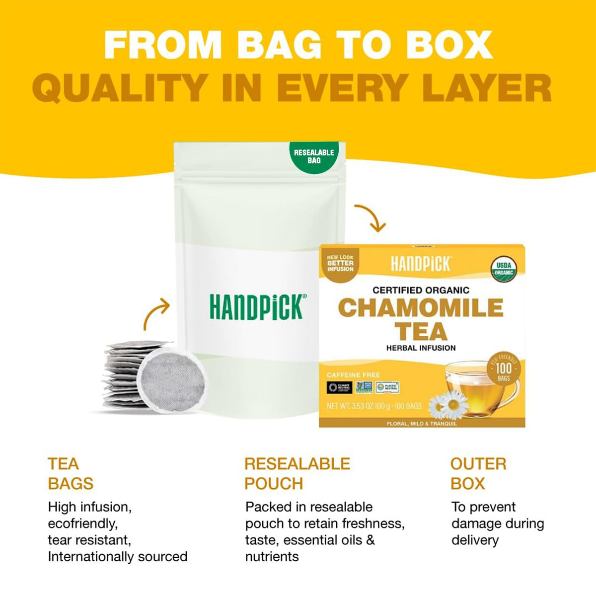 HANDPICK chamomile-tea-bags on shelf signaling organic origin and quality