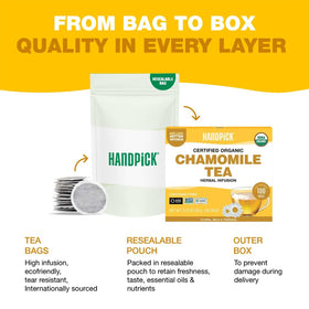 HANDPICK chamomile-tea-bags on shelf signaling organic origin and quality