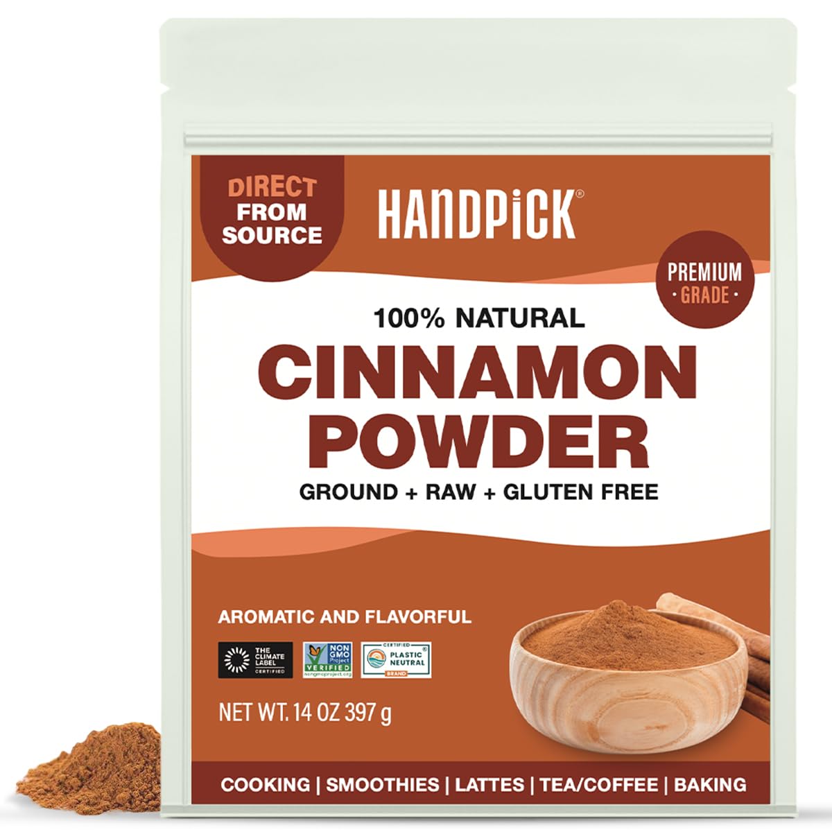 HANDPICK Cinnamon Powder jar-front shows premium spice ready for cooking and baking