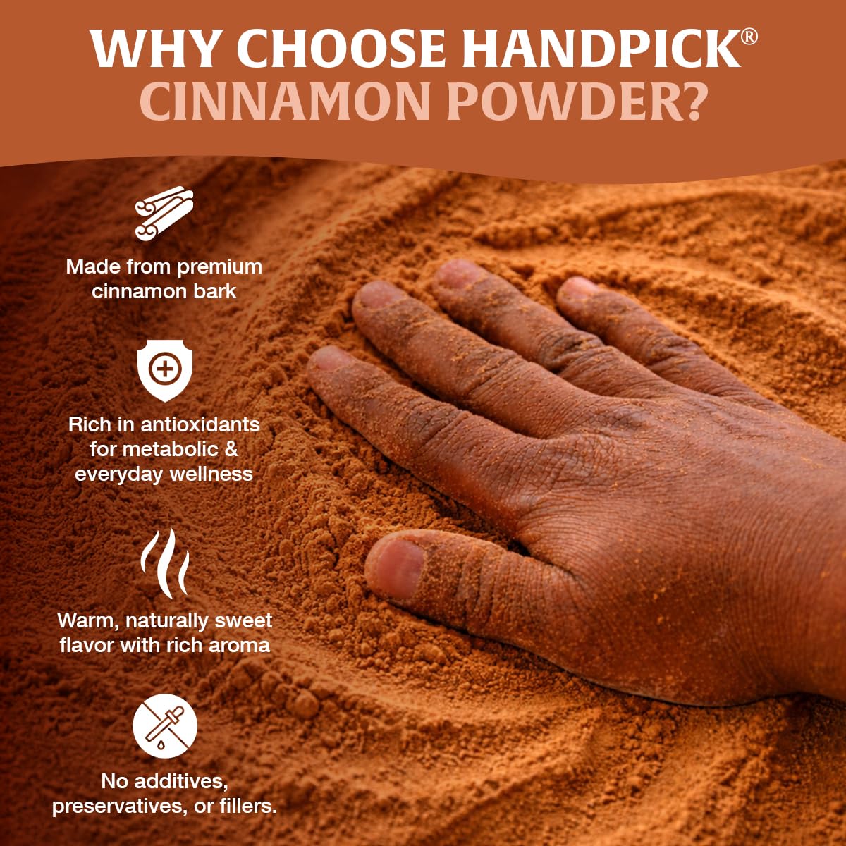 HANDPICK Cinnamon Powder resealable pouch shown for freshness and easy storage