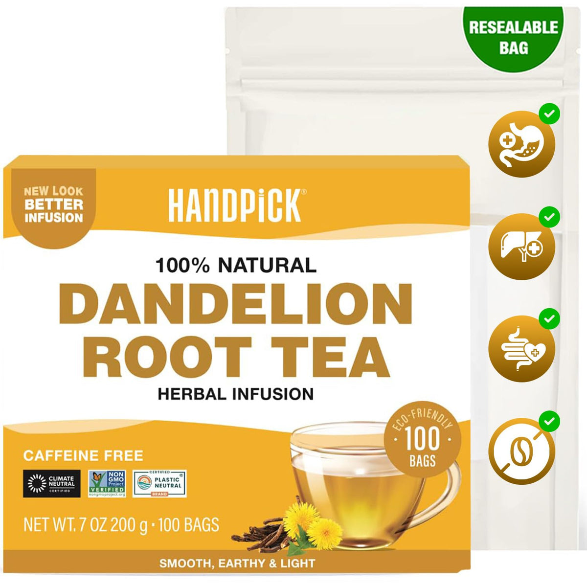 HANDPICK Dandelion Root Tea bags in 100-pack box for caffeine-free herbal routine.