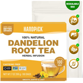 HANDPICK Dandelion Root Tea bags in 100-pack box for caffeine-free herbal routine.