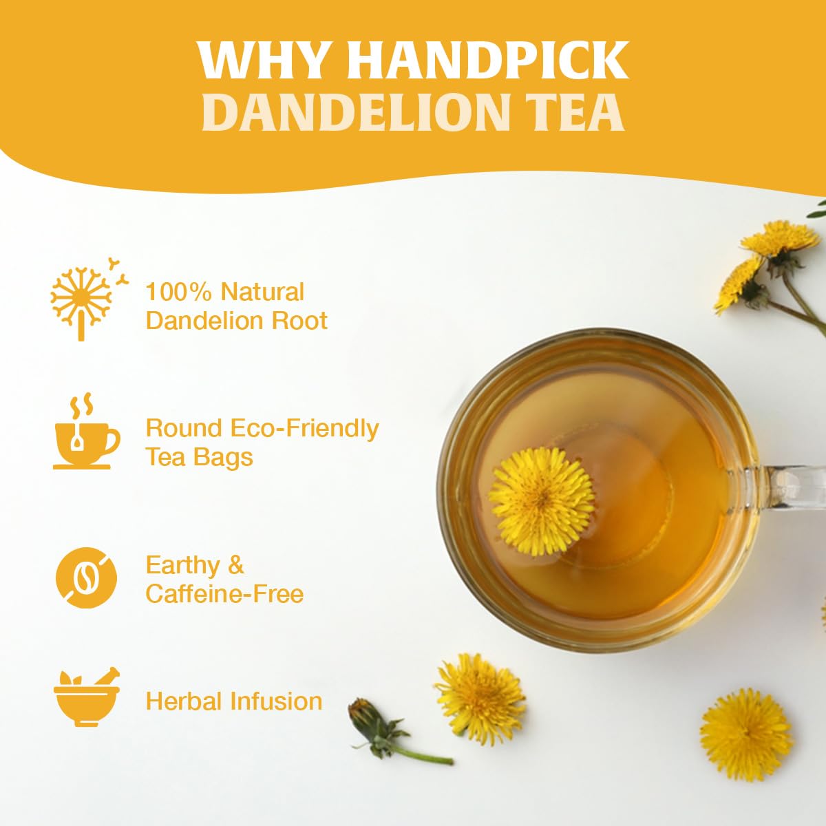HANDPICK Dandelion Root Tea brew cup scene shows relaxing caffeine-free tisane.