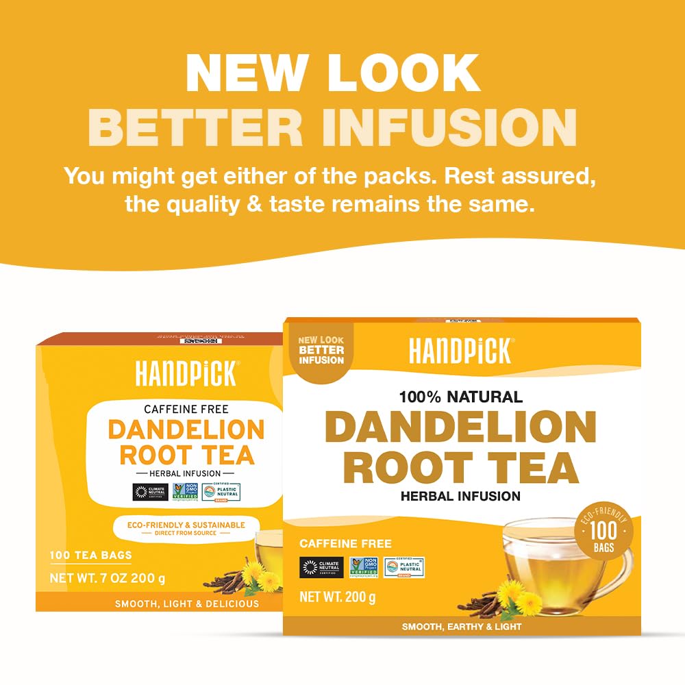 HANDPICK Dandelion Root Tea packaging close-up highlighting natural ingredients.