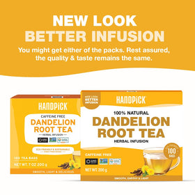 HANDPICK Dandelion Root Tea packaging close-up highlighting natural ingredients.