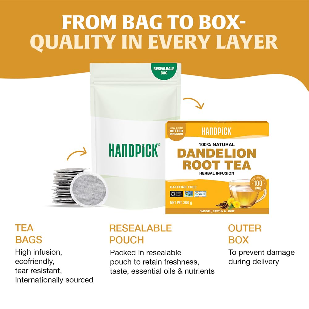 HANDPICK Dandelion Tea label emphasizes non-GMO and pure ingredients.