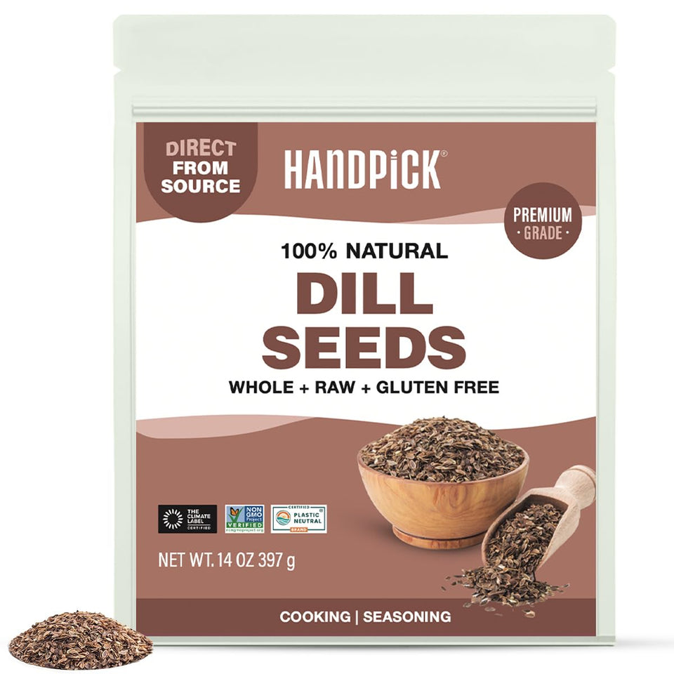 HandPICK Dill seeds in a jar-front showcase a bright citrus aroma ideal for cooking.