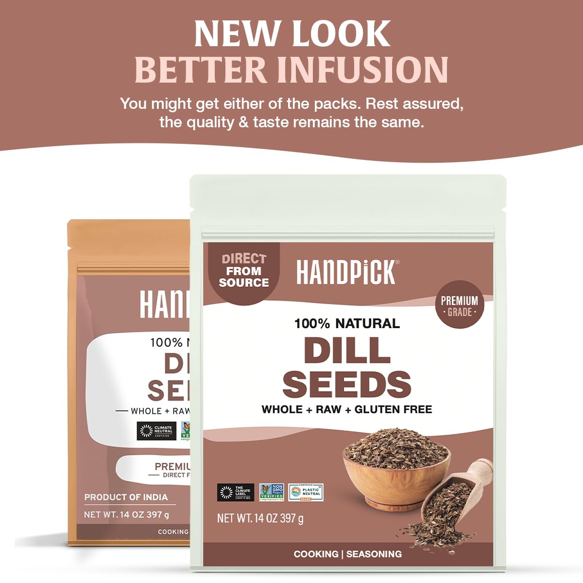HandPICK Dill seeds in a resealable pouch close-up for lasting freshness and easy storing.