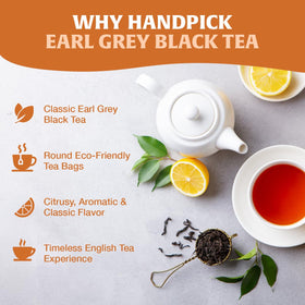 Dry ingredients of HANDPICK Earl Grey tea bags with bergamot zest for vibrant flavor.
