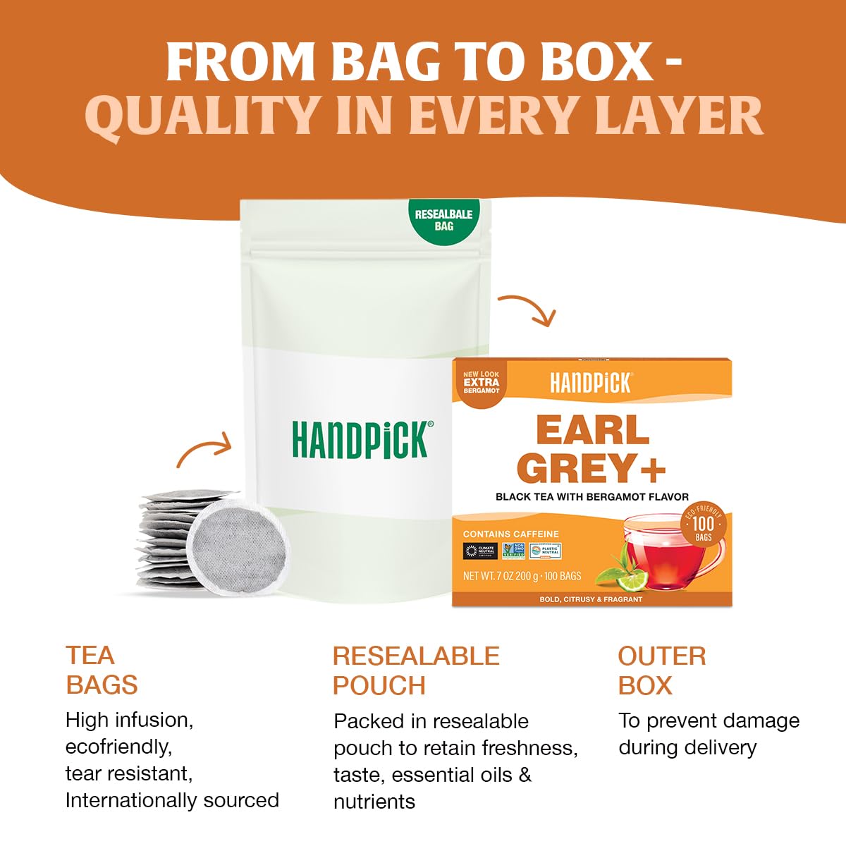 HANDPICK Earl Grey tea bags poured over ice for refreshing iced tea.