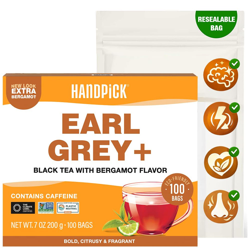 HANDPICK Earl Grey tea bags packaging shown as a premium 100-count box for daily use.