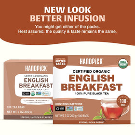 HANDPICK English Breakfast tea hot brew in a mug for a morning energy boost