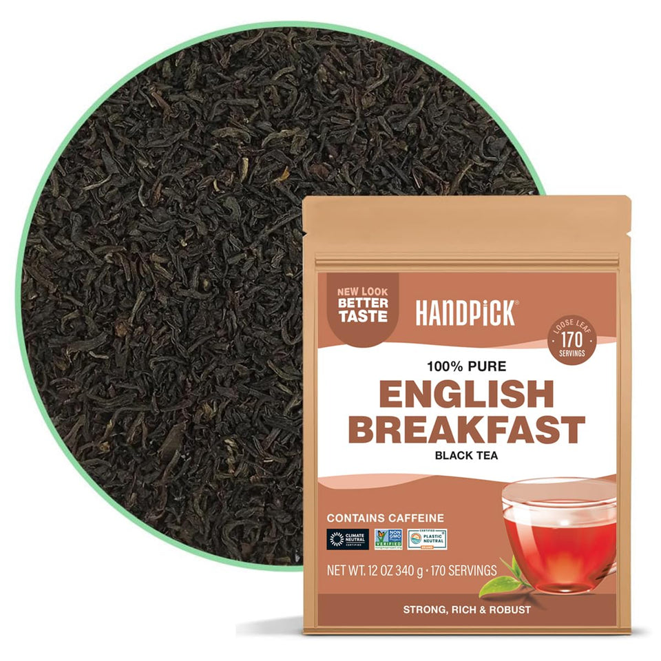 HANDPICK English Breakfast Tea loose leaves for a bold morning brew.