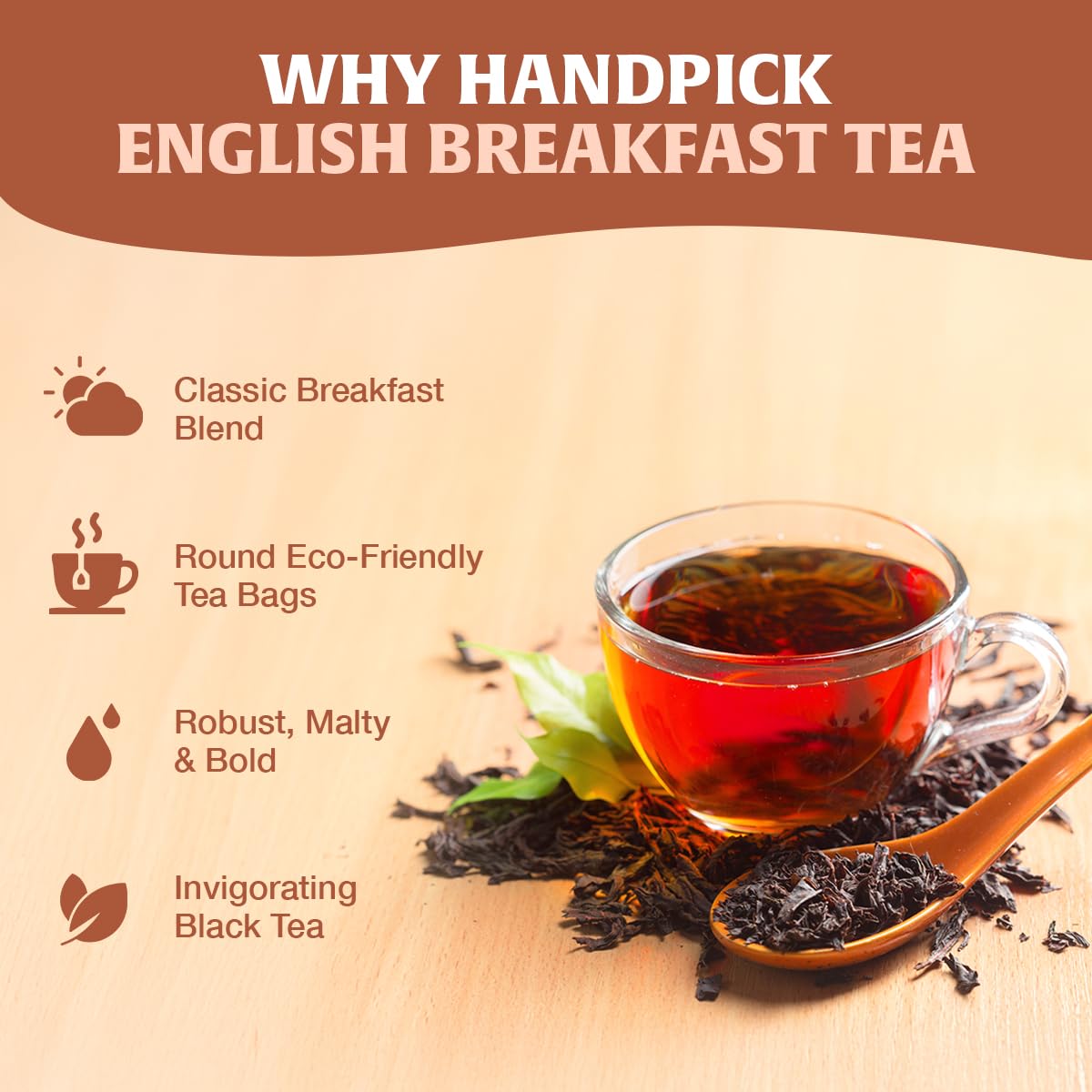 Steaming cup of HANDPICK English Breakfast tea with bold aroma