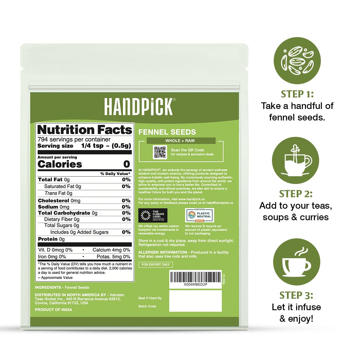 HANDPICK fennel seeds origin India Rajasthan indicating authentic sourcing.