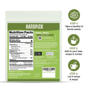 HANDPICK fennel seeds origin India Rajasthan indicating authentic sourcing.