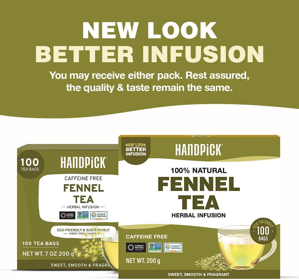 HANDPICK fennel tea bags and fennel seeds close-up highlight natural ingredients