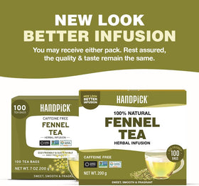 HANDPICK fennel tea bags and fennel seeds close-up highlight natural ingredients