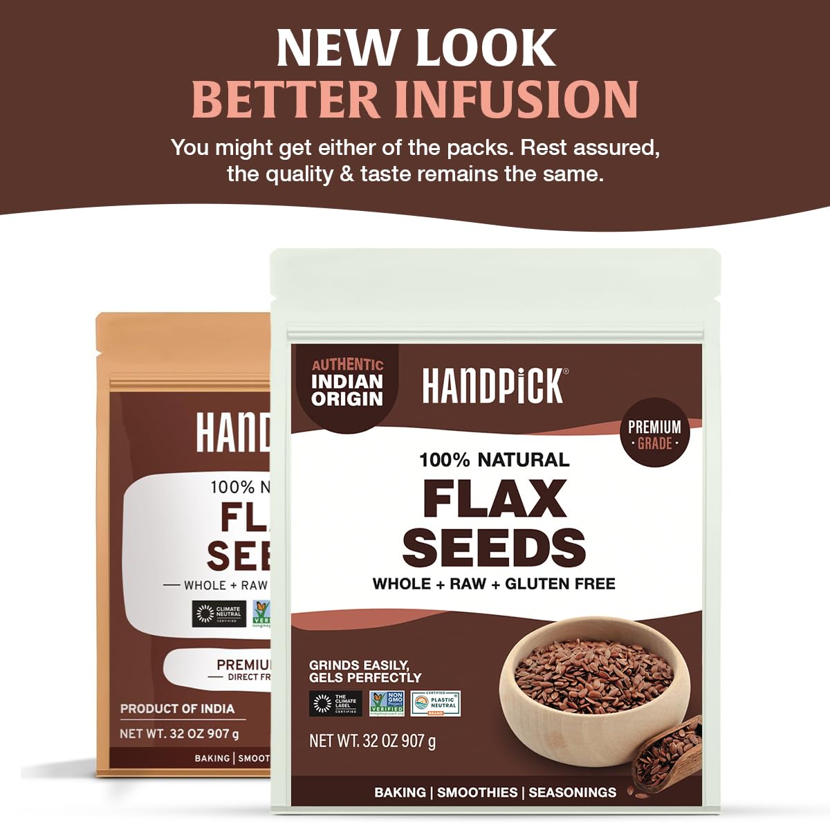 HANDPICK flax seeds bag back label with nutrition and sourcing.