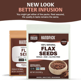 HANDPICK flax seeds bag back label with nutrition and sourcing.