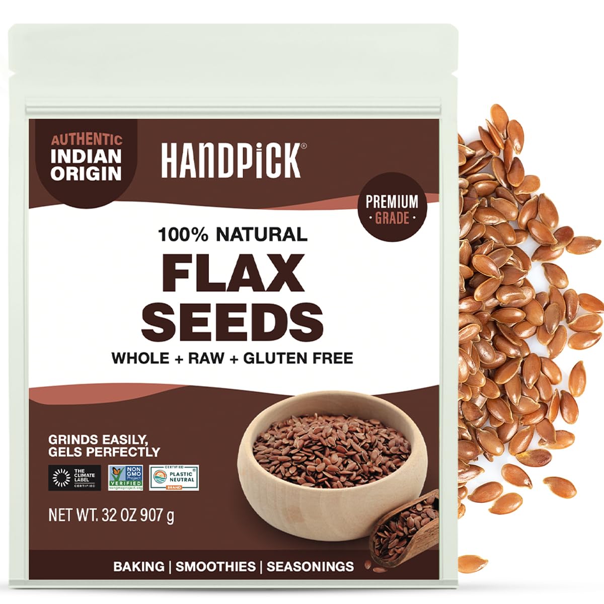 HANDPICK flax seeds bag front, a gluten-free pantry staple for versatile meals.
