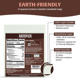 HANDPICK flax seeds gluten-free label highlighting purity and quality.