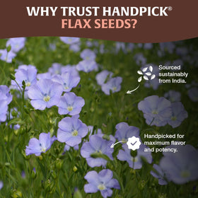 HANDPICK flax seeds origin in India indicating ethical sourcing.