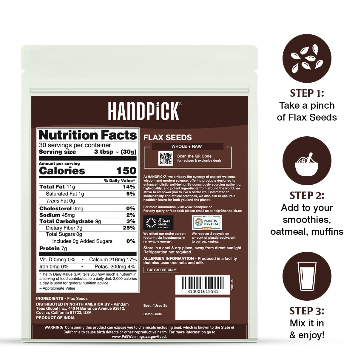 HANDPICK flax seeds in recipe setting showing versatility.