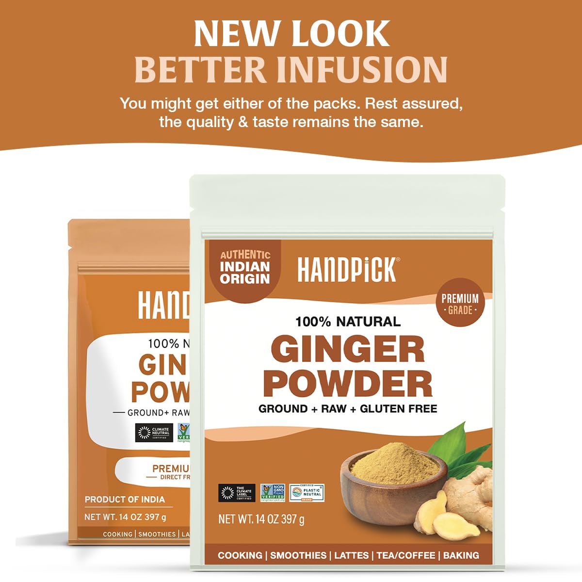 HANDPICK Ginger Powder being poured, highlighting easy measuring for recipes.