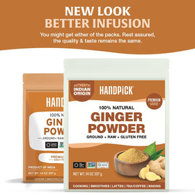 HANDPICK Ginger Powder being poured, highlighting easy measuring for recipes.