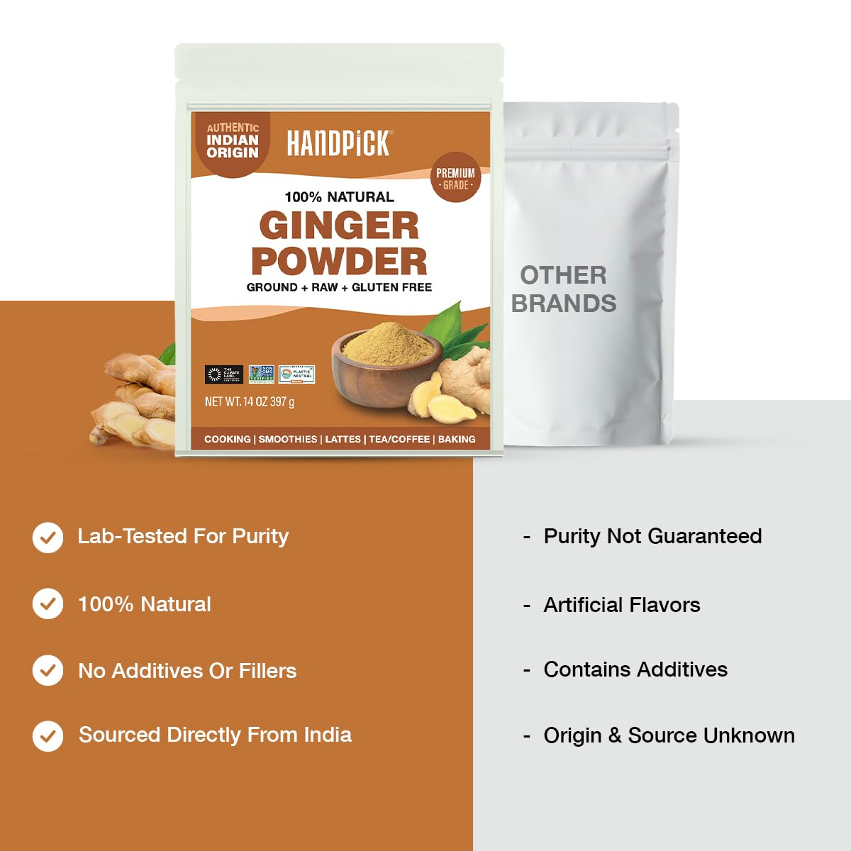 HANDPICK Ginger Powder texture closeup emphasizes natural, pure root origin.