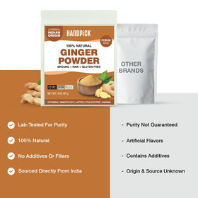 HANDPICK Ginger Powder texture closeup emphasizes natural, pure root origin.
