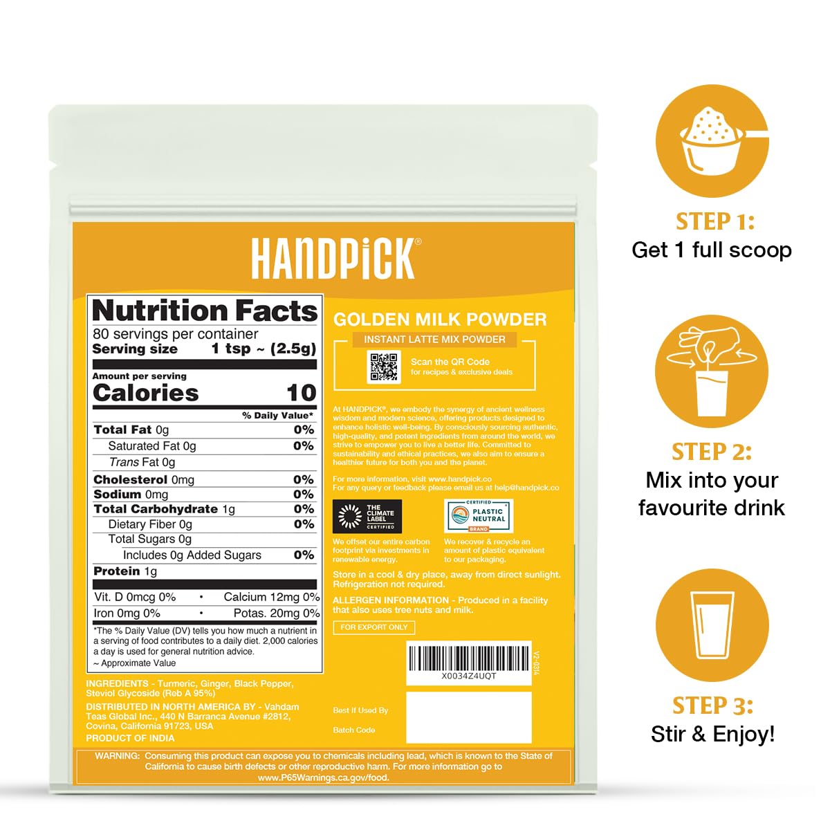 HANDPICK Golden Milk Powder ready-to-make latte dissolving in hot milk.