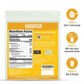 HANDPICK Golden Milk Powder ready-to-make latte dissolving in hot milk.