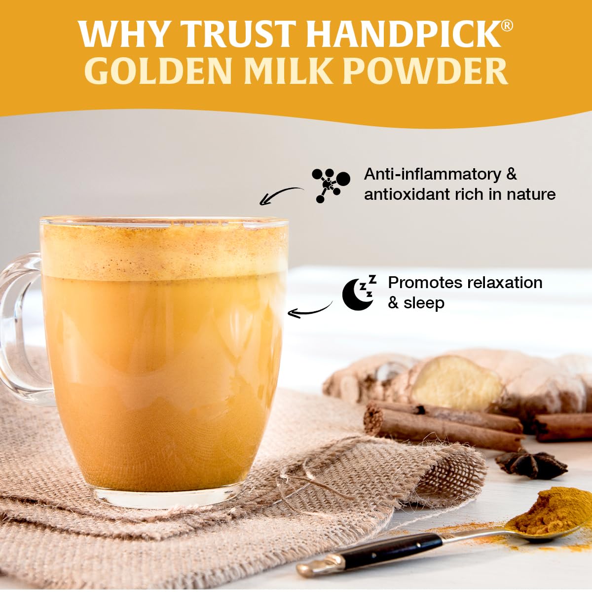 HANDPICK Golden Milk Powder label showing non-GMO and gluten-free claims.