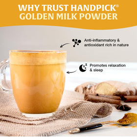 HANDPICK Golden Milk Powder label showing non-GMO and gluten-free claims.