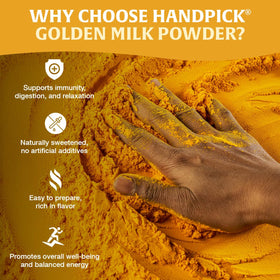 HANDPICK Golden Milk Powder close-up showing powder texture and aroma.