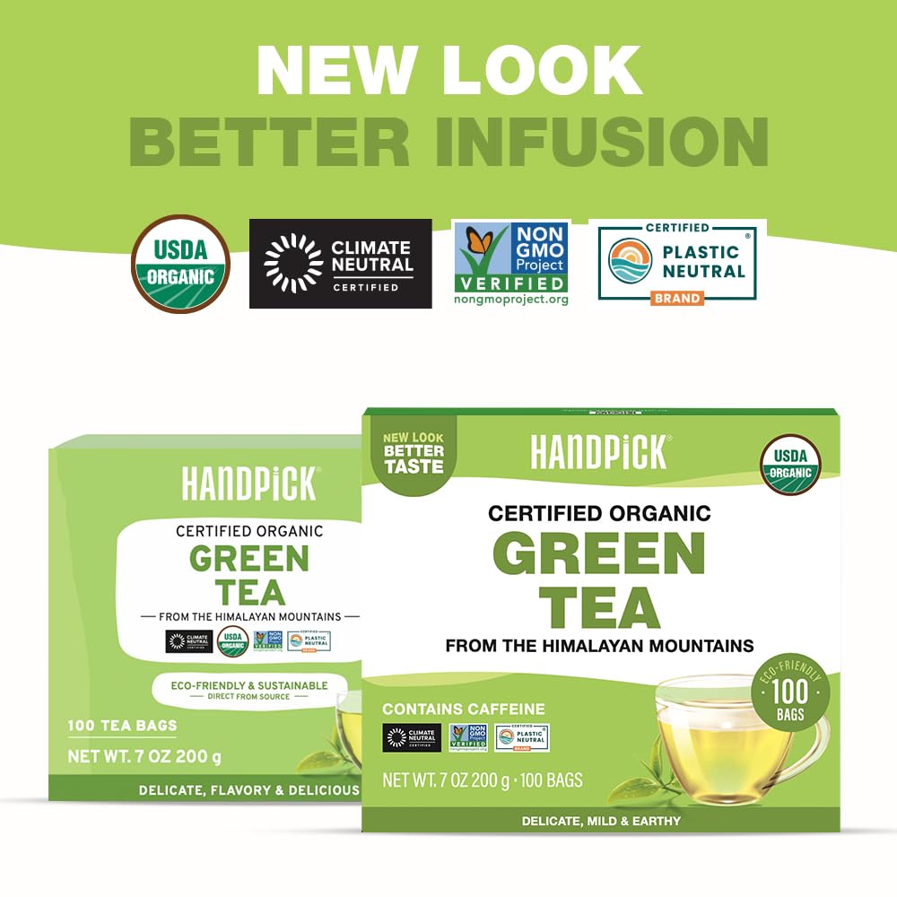 HandPICK Green Tea Bags in a resealable pack for lasting aroma.