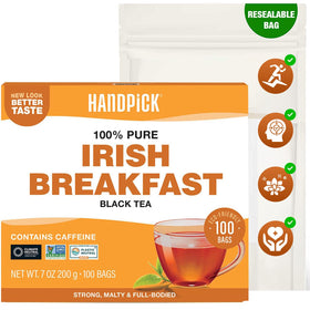HANDPICK Irish Breakfast tea bags pack front showcases bold flavor for bold mornings.