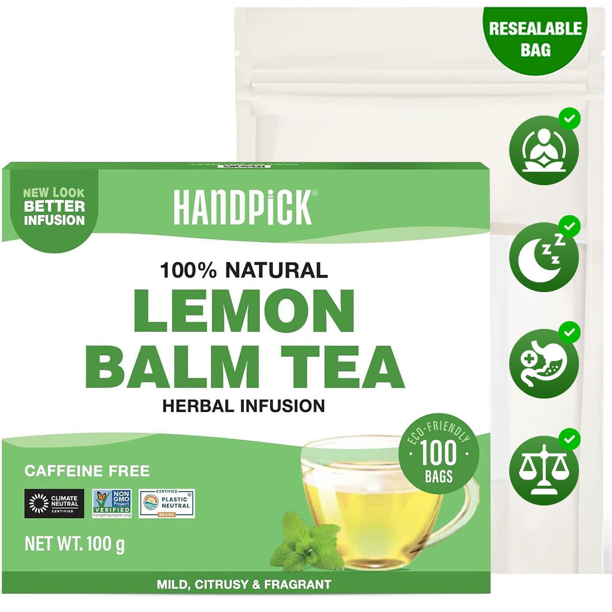 HANDPICK Lemon Balm Tea Bags 100-count box ready for a caffeine-free citrus moment