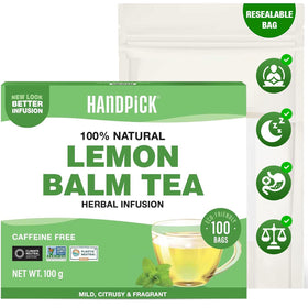 HANDPICK Lemon Balm Tea Bags 100-count box ready for a caffeine-free citrus moment