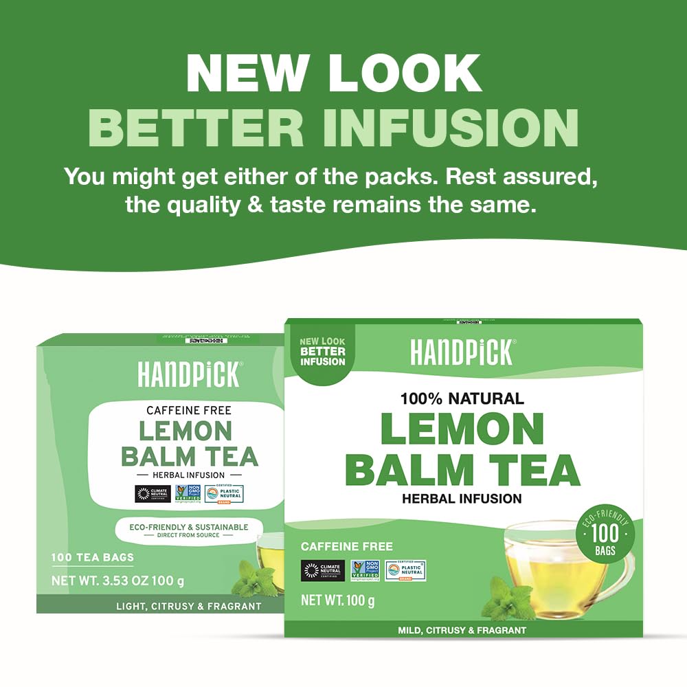 HANDPICK Lemon Balm Tea Bags pack-open shows easy daily ritual