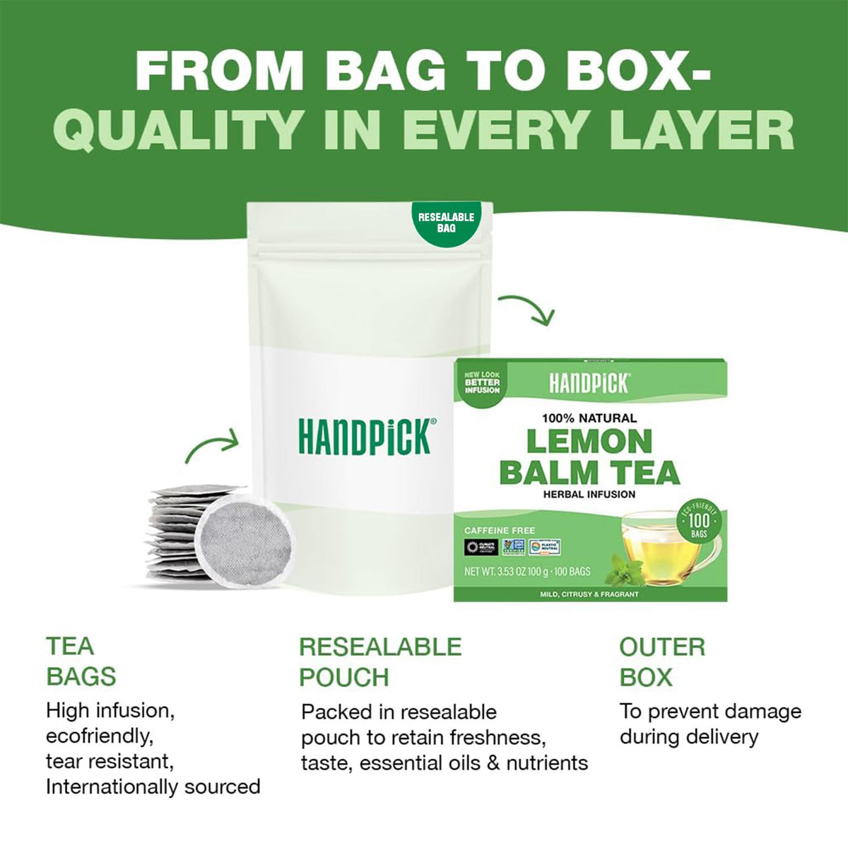 HANDPICK Lemon Balm Tea carbon-neutral logo signaling eco-friendly commitments