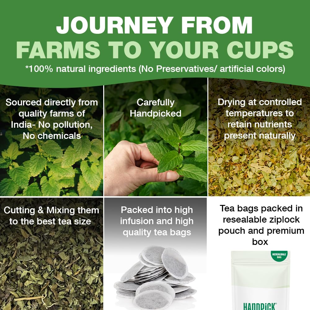 HANDPICK Lemon Balm Tea packaging with recycling symbols for sustainability